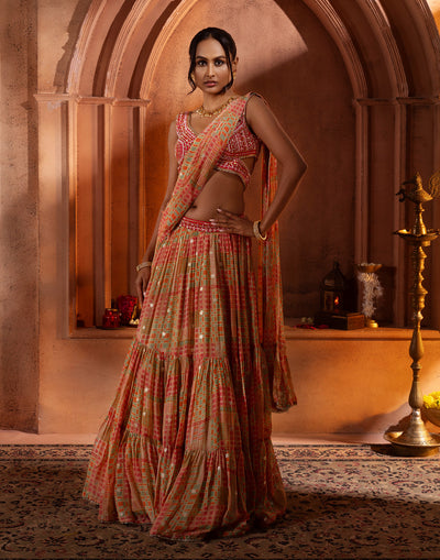 Geometric Printed Tire Flare Indi-Cocktail Lehenga Set