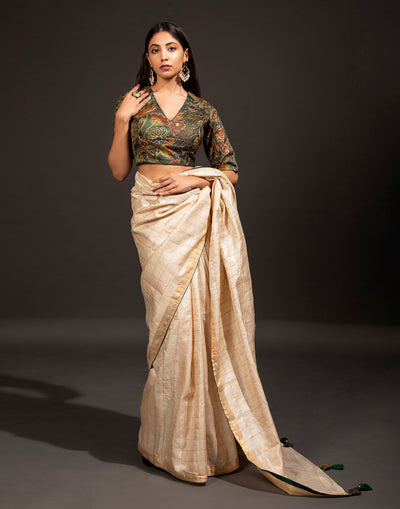 Gold Beige Saree With Kalamkari Stitched Blouse