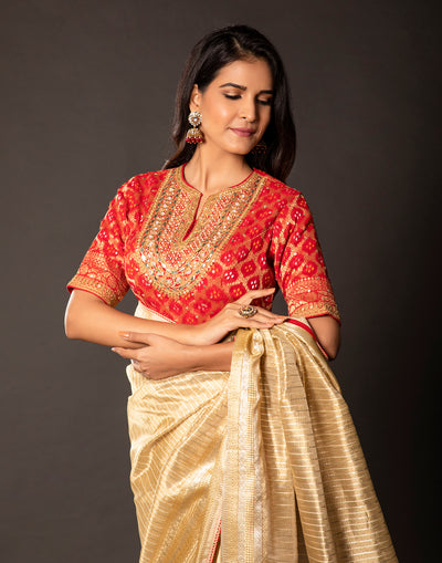 Golden Festive Saree With Contrast Stitched Blouse