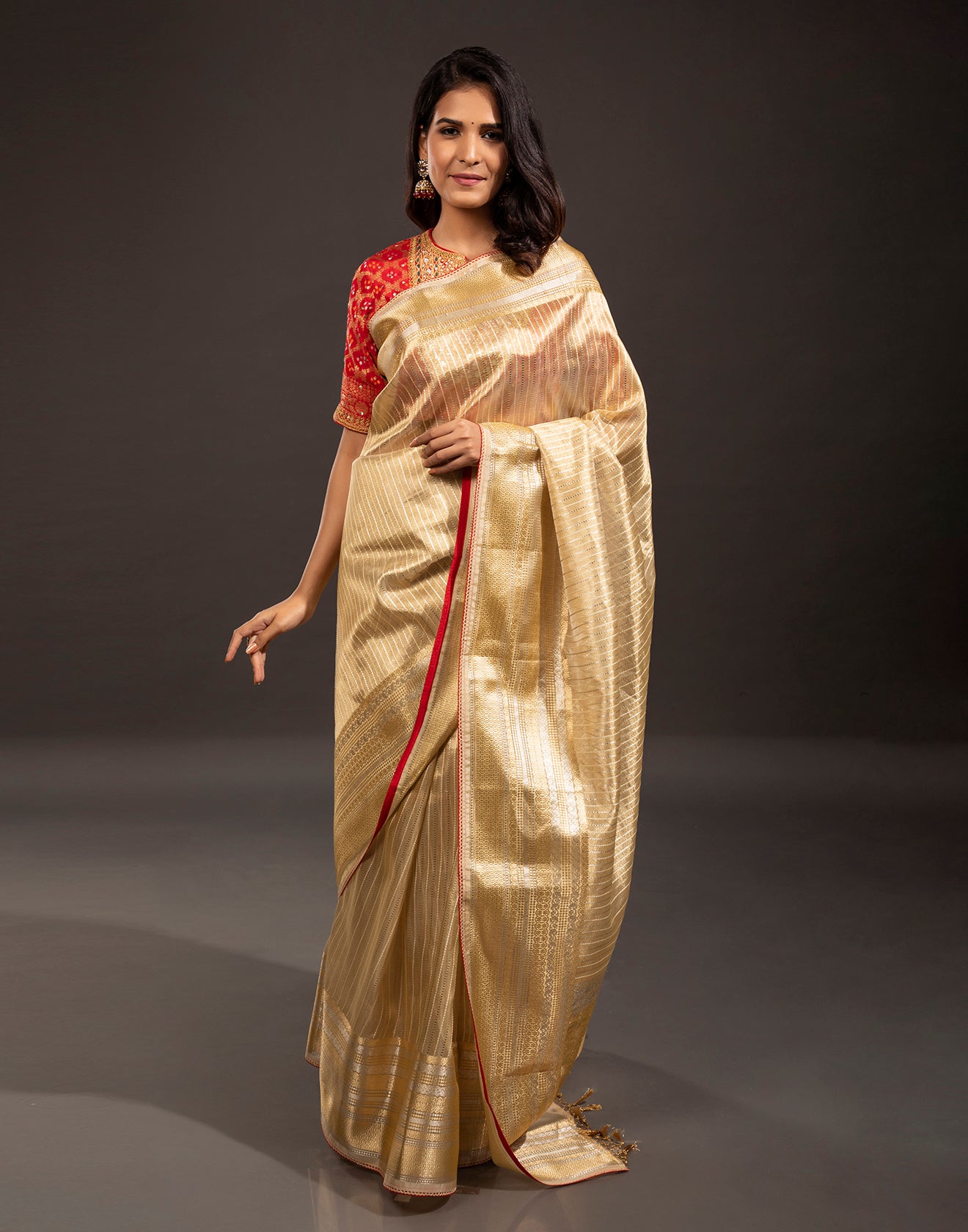 Golden Festive Saree With Contrast Stitched Blouse
