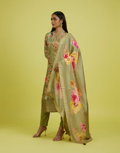 Golden Mustard Floral Printed With Zari Border Festive Kurta Set