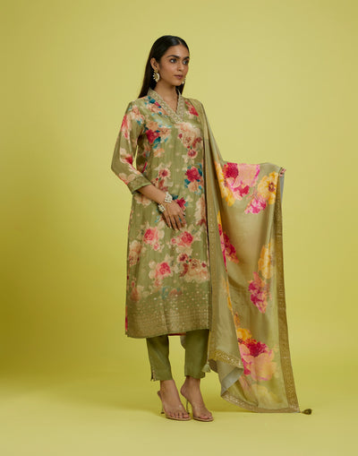 Golden Mustard Floral Printed With Zari Border Festive Kurta Set