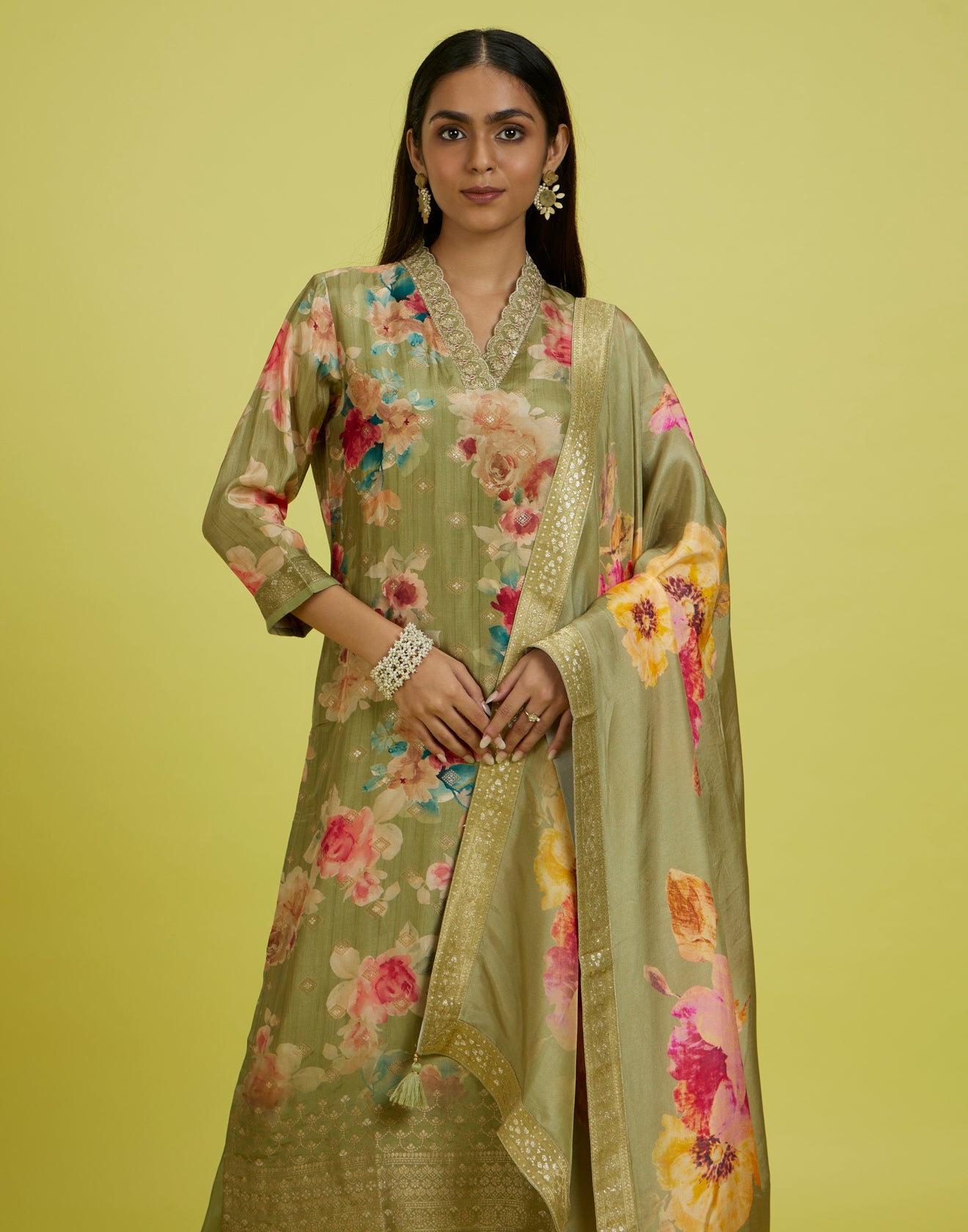 Golden Mustard Floral Printed With Zari Border Festive Kurta Set