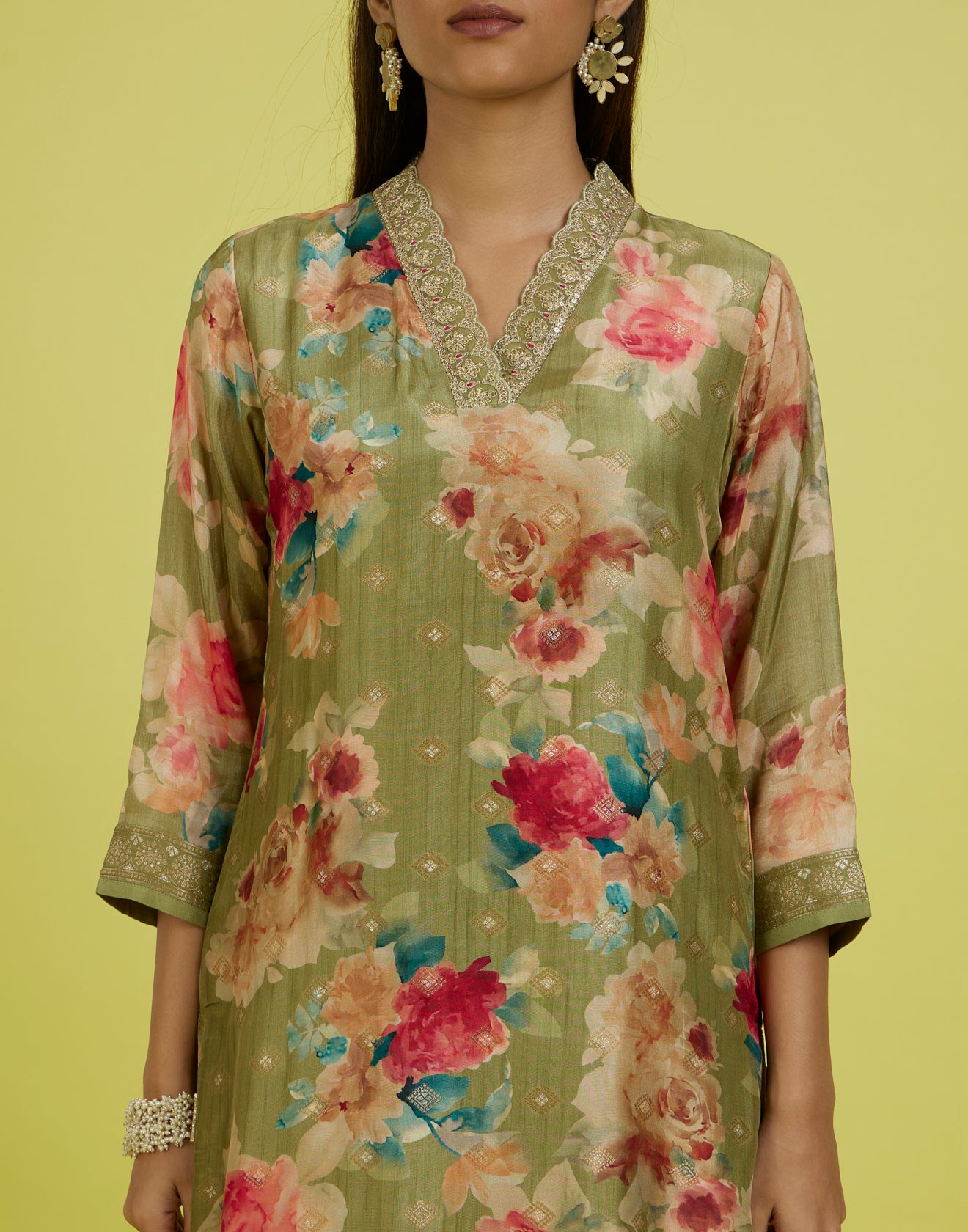 Golden Mustard Floral Printed With Zari Border Festive Kurta Set