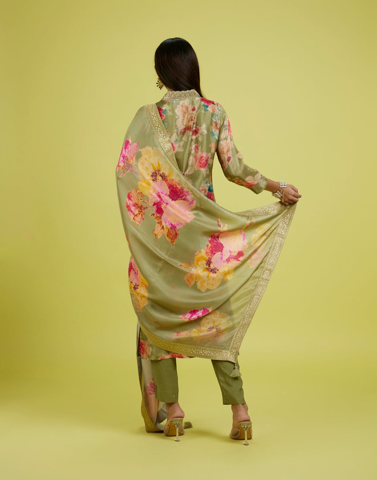 Golden Mustard Floral Printed With Zari Border Festive Kurta Set