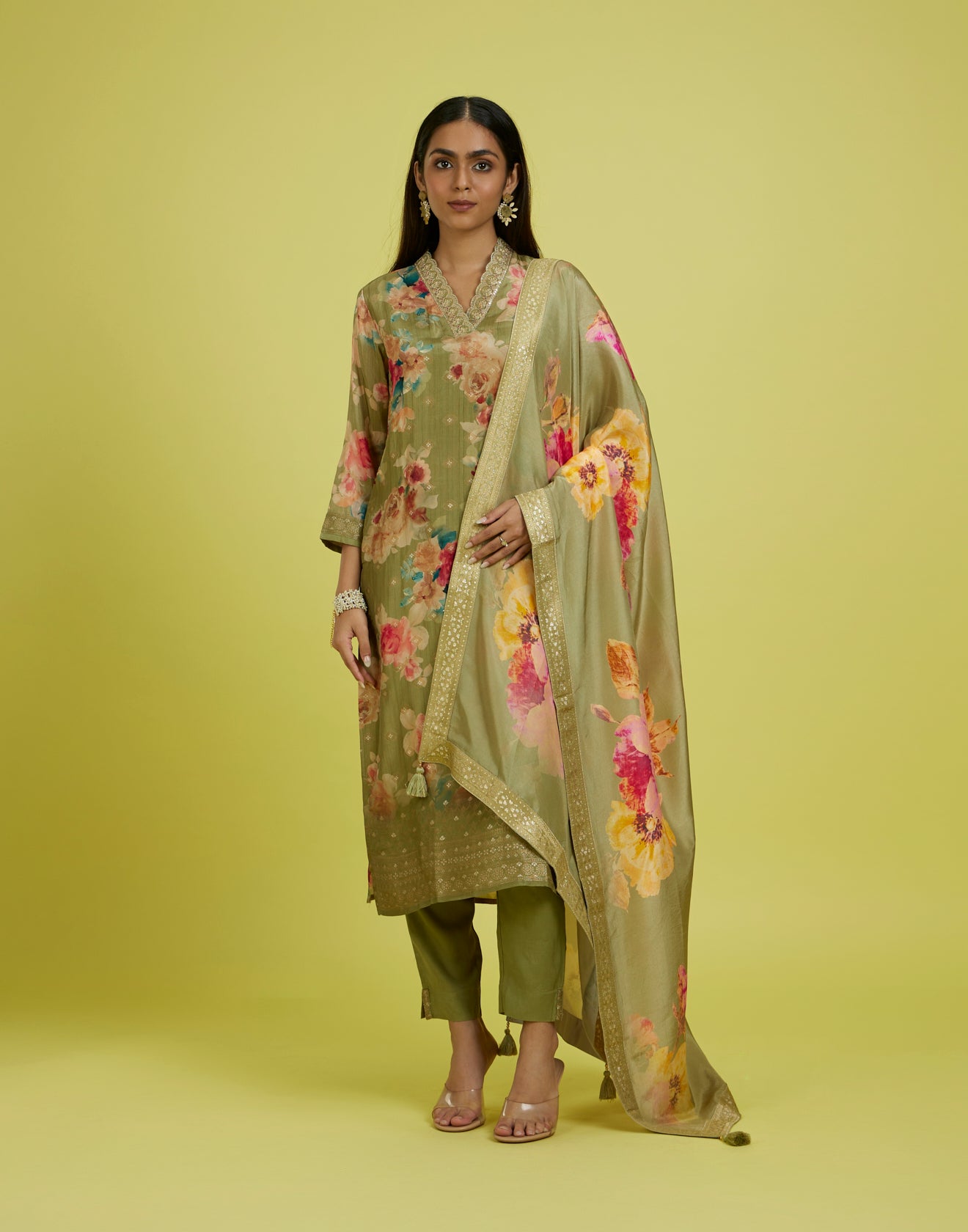 Golden Mustard Floral Printed With Zari Border Festive Kurta Set