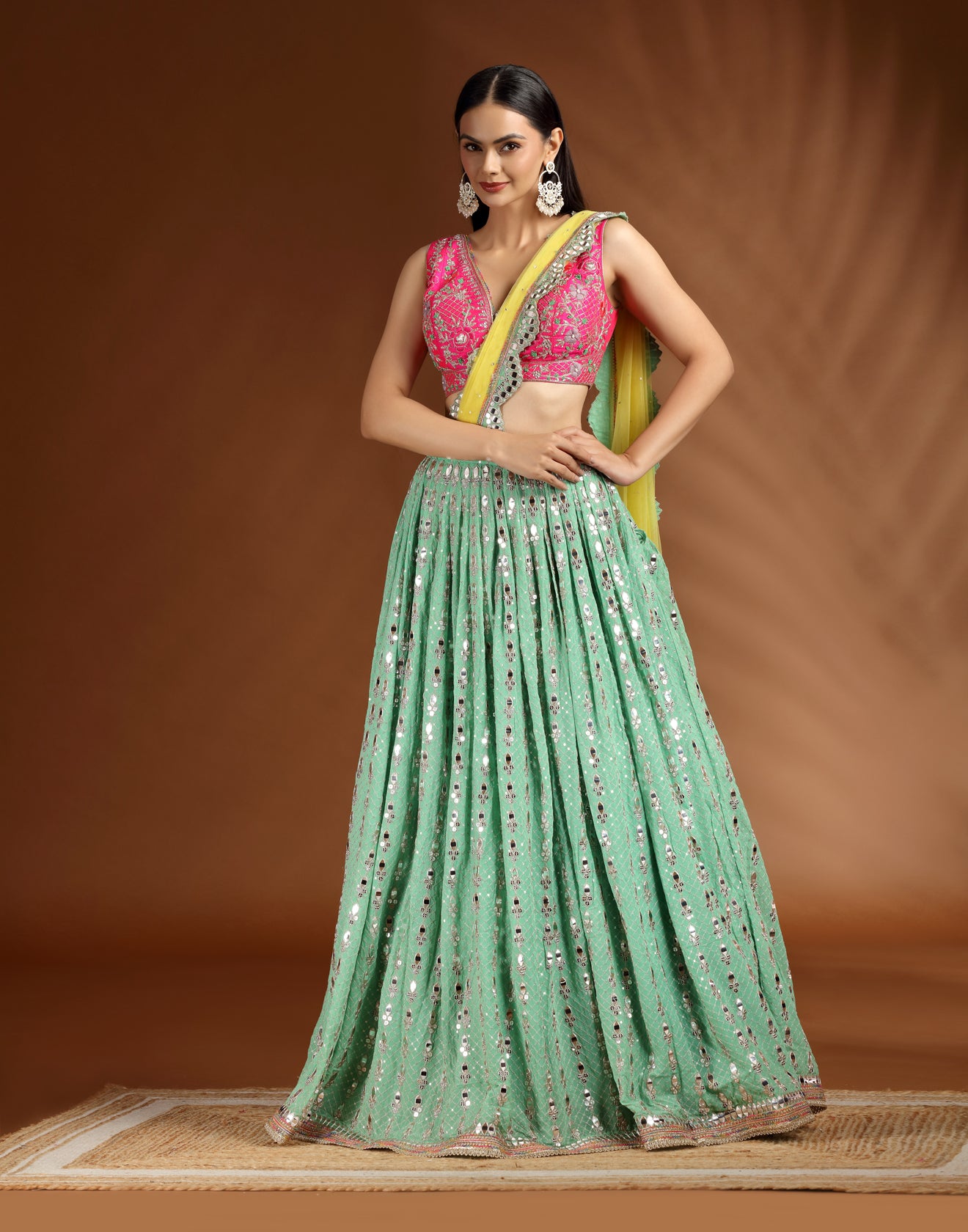 Green & Pink Embellished Lehenga For Bridesmaid