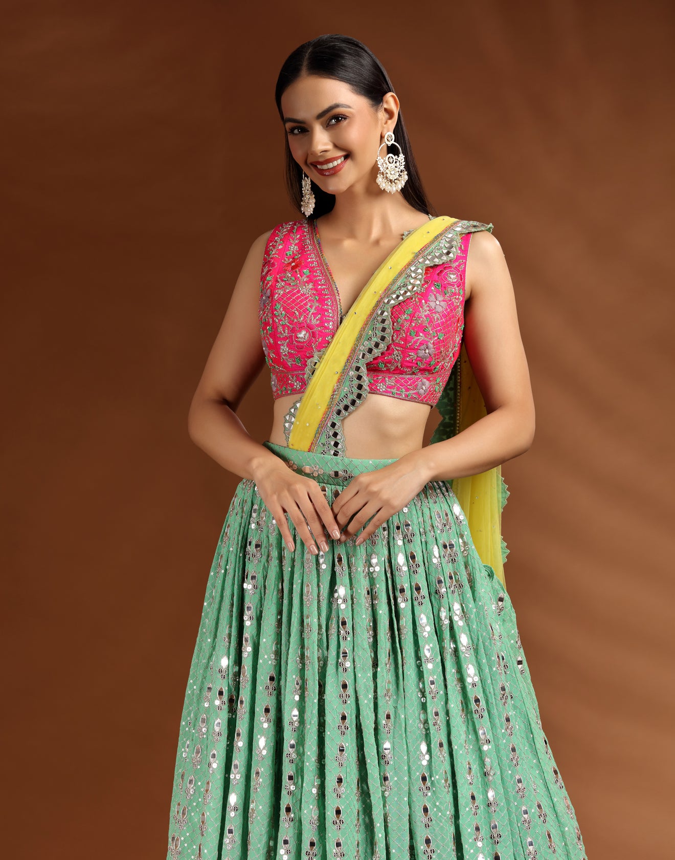 Green & Pink Embellished Lehenga For Bridesmaid