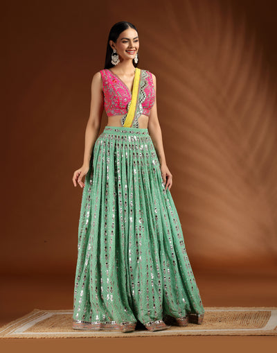 Green & Pink Embellished Lehenga For Bridesmaid