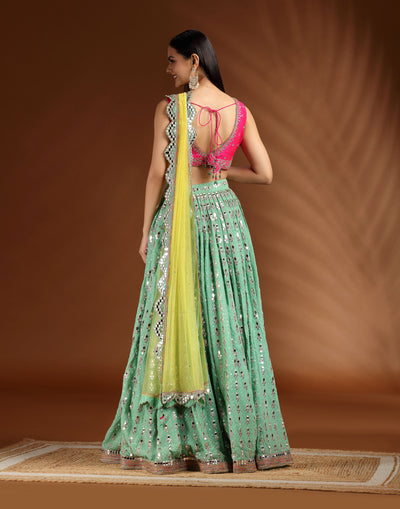 Green & Pink Embellished Lehenga For Bridesmaid