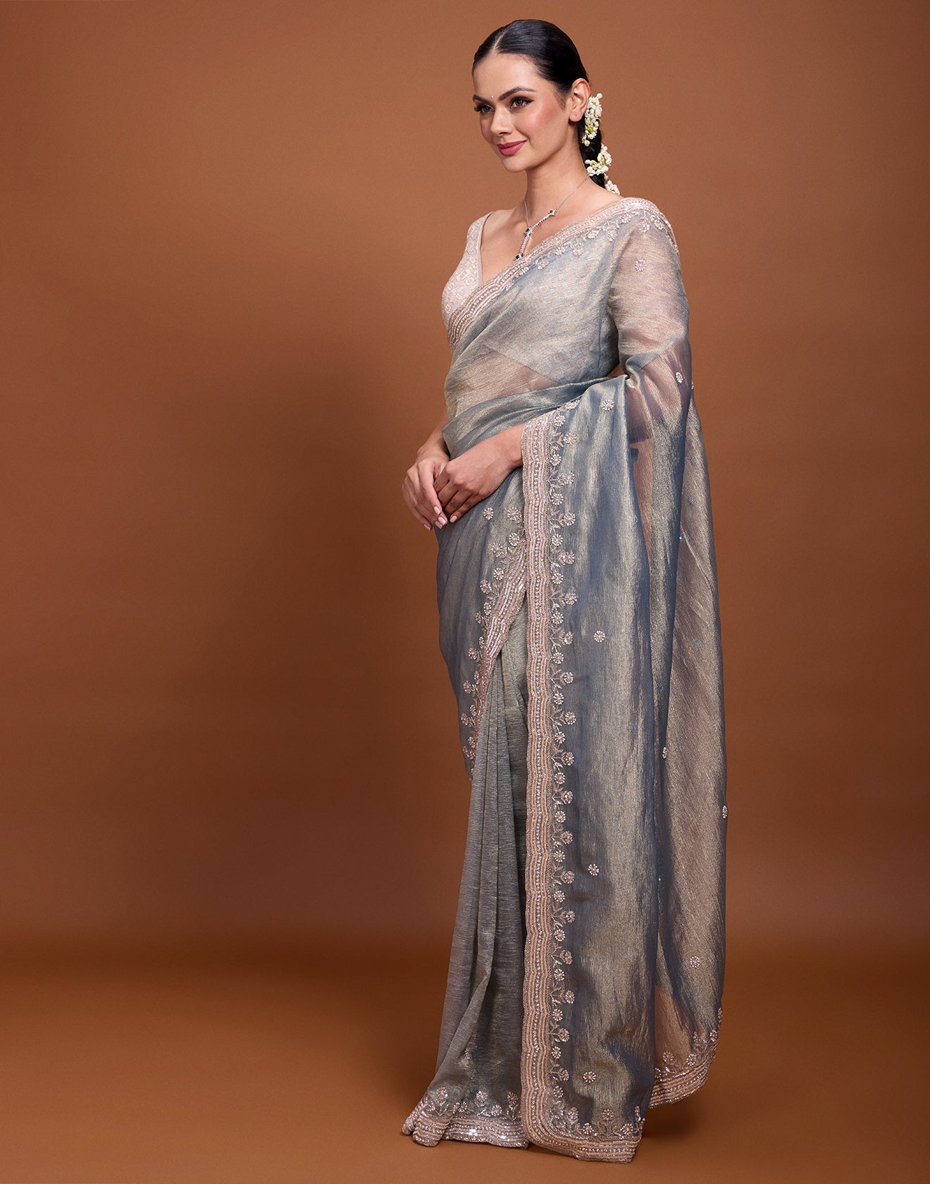 Greenish Grey Shimmer Crushed Tissue Silk Embellished Saree