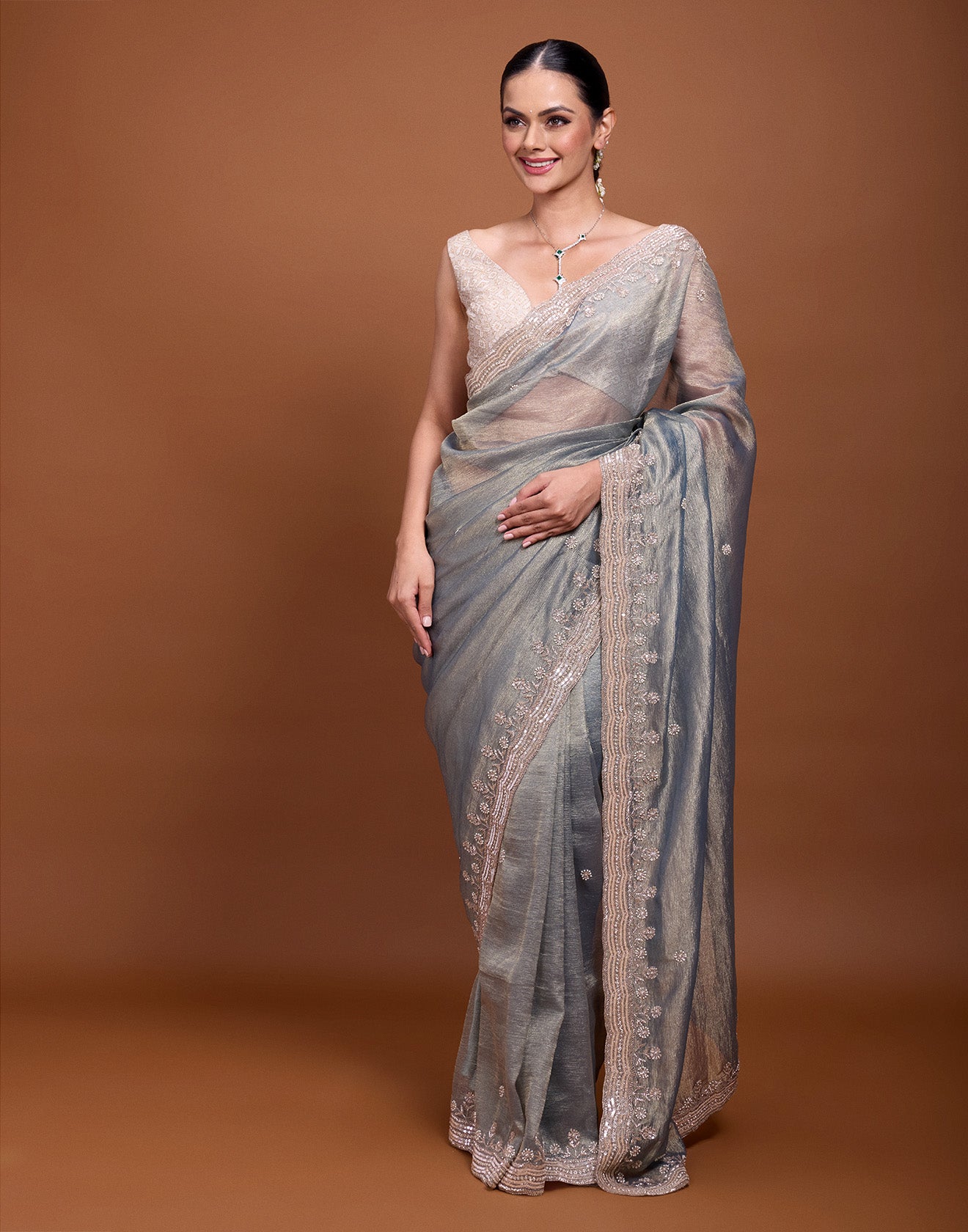 Greenish Grey Shimmer Crushed Tissue Silk Embellished Saree