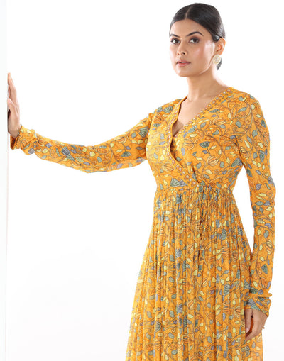 Honey Yellow Printed Angrakha Salwar Suit Set