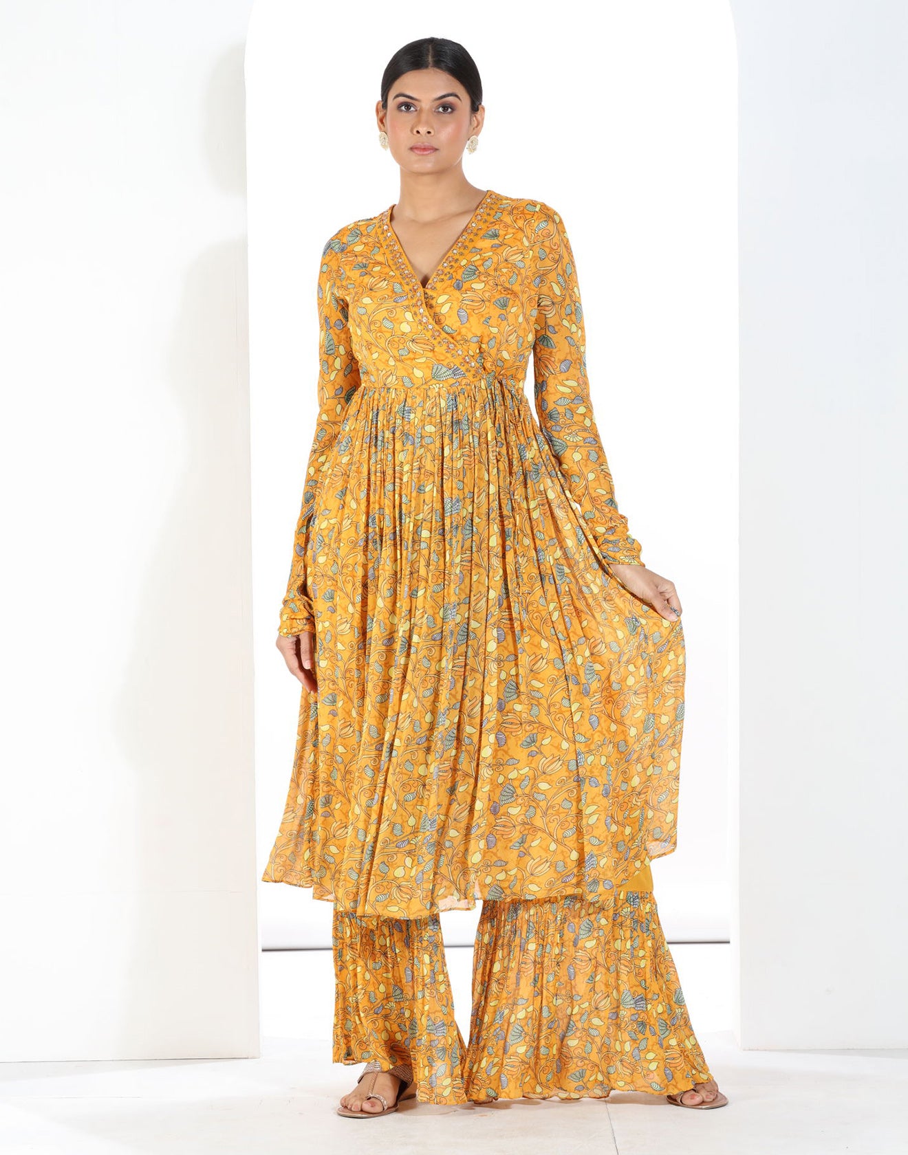 Honey Yellow Printed Angrakha Salwar Suit Set