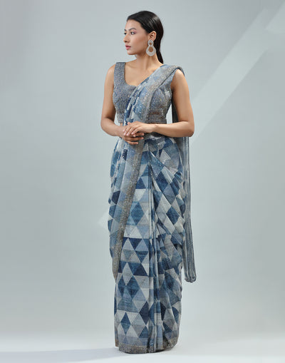Ice Blue Geometric Pattern Pre-Stitched Saree With Embellished Blouse