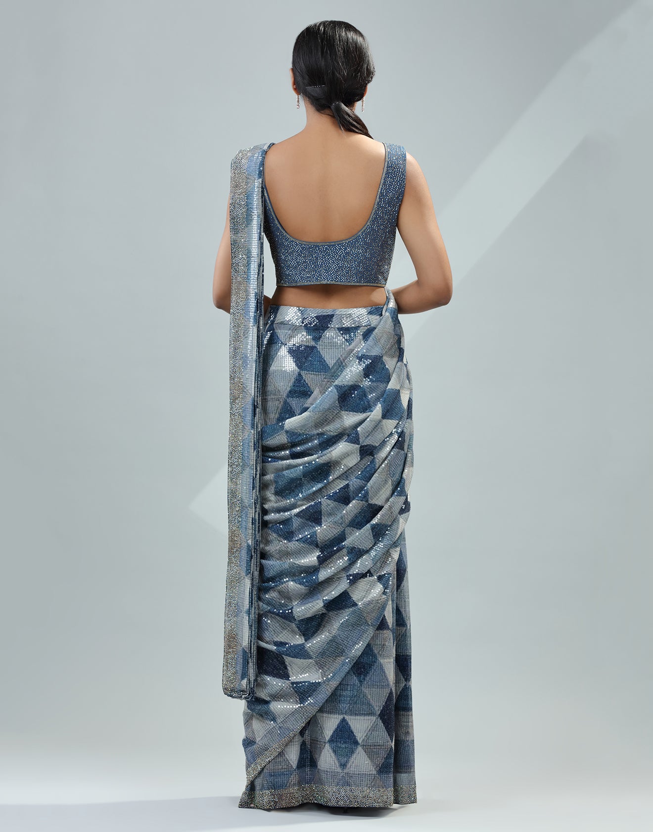 Ice Blue Geometric Pattern Pre-Stitched Saree With Embellished Blouse