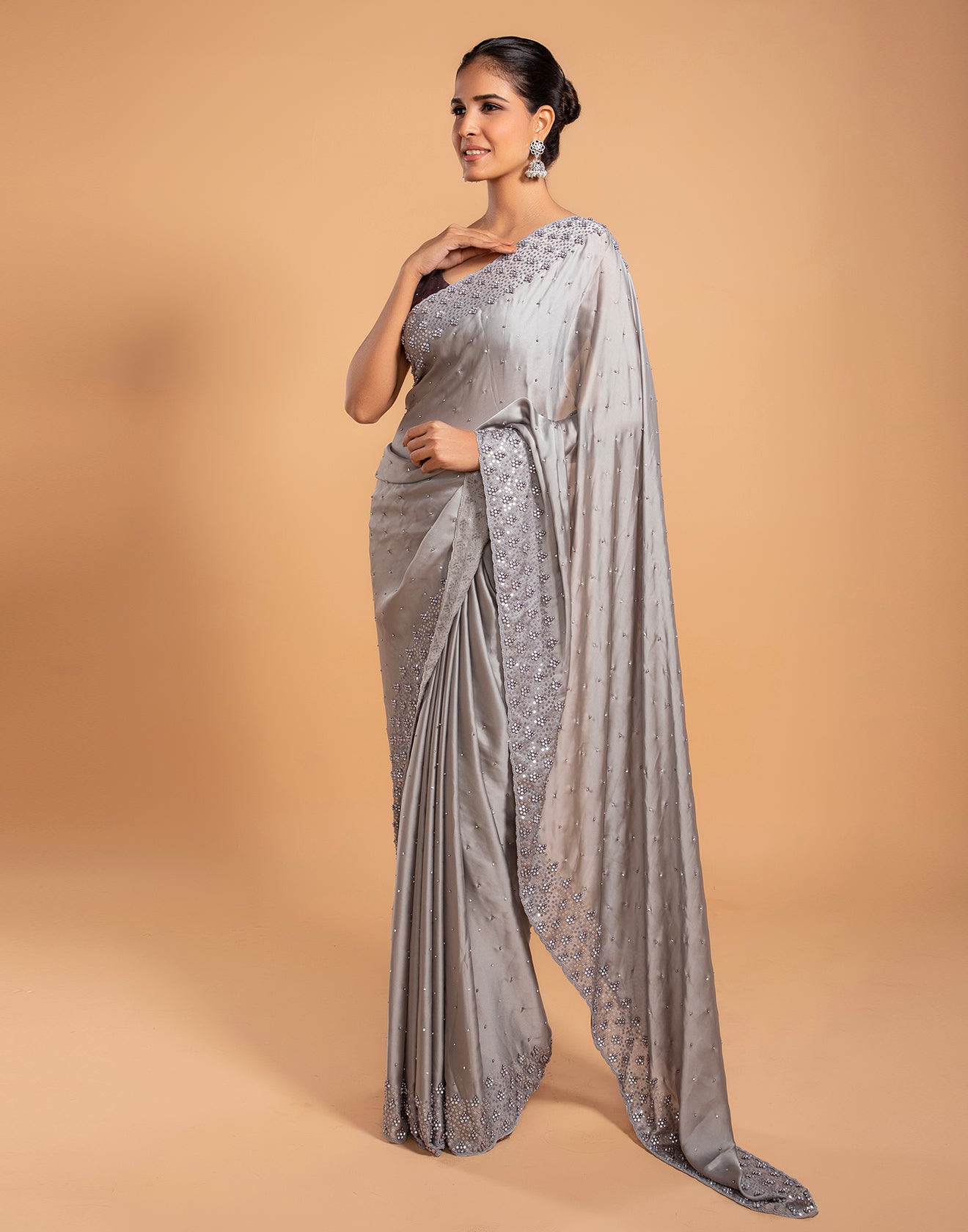 Ice Grey Pearl Smooth Embellished Satin Saree