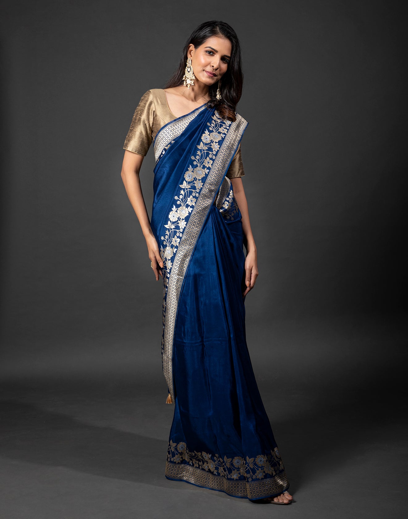 Indigo Blue Saree In Dola Silk With Floral Buttas