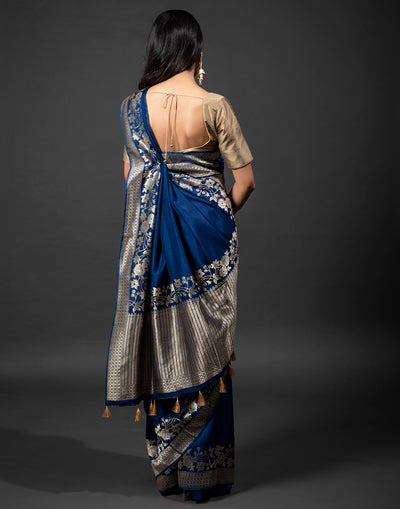 Indigo Blue Saree In Dola Silk With Floral Buttas
