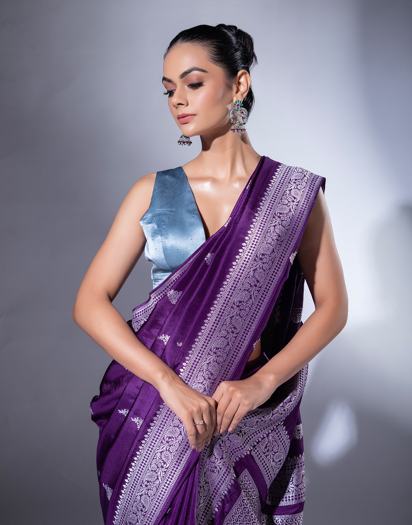 Indigo Purple Woven Saree In Silver Weave
