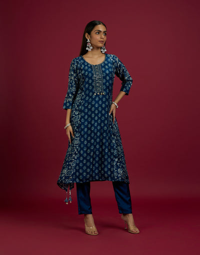 Ink Blue Ethnic Printed A-Line Kurta Set