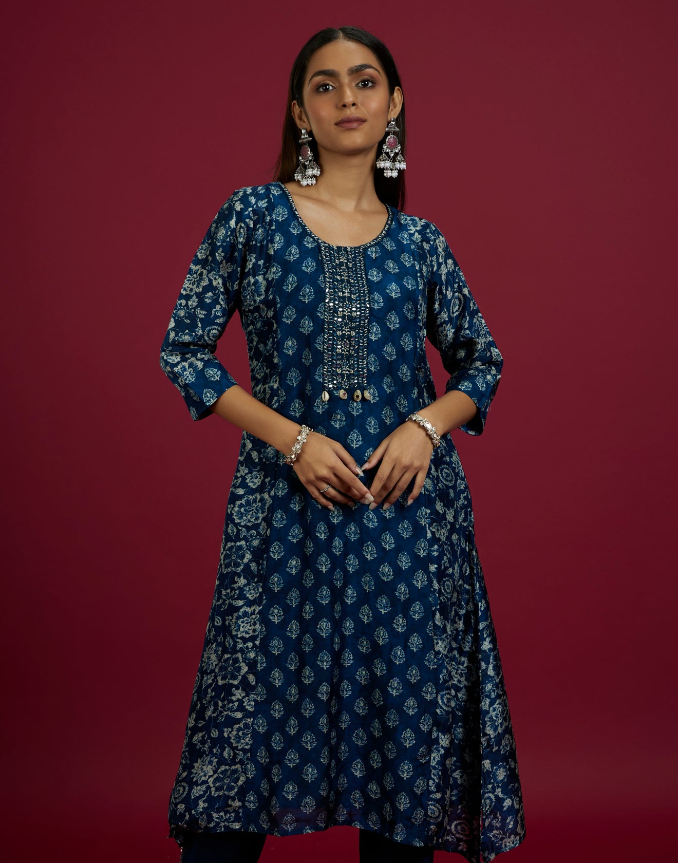 Ink Blue Ethnic Printed A-Line Kurta Set