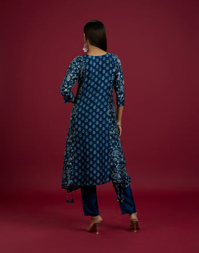 Ink Blue Ethnic Printed A-Line Kurta Set