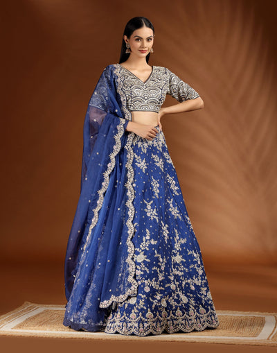Ink Blue Zardosi Embroidered Bridal Lehenga Set