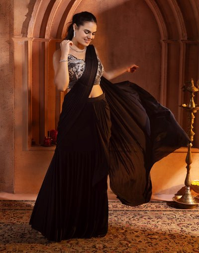 Jet Black Blended Lycra Pre-Stitched Cocktail Saree