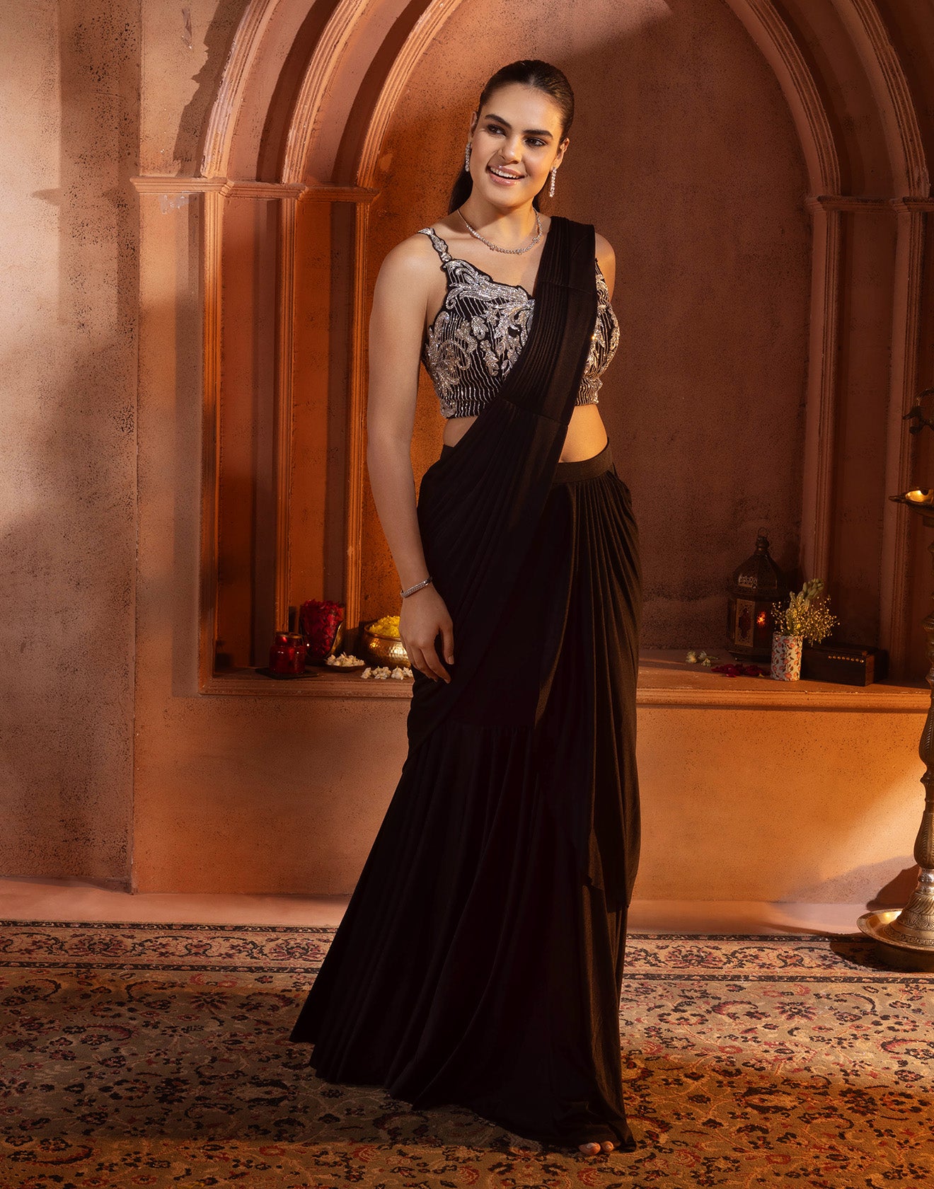 Jet Black Blended Lycra Pre-Stitched Cocktail Saree