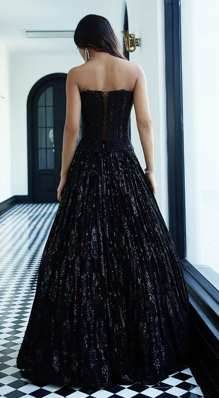 Jet Black Chantilly Net Corset Lehenga Set