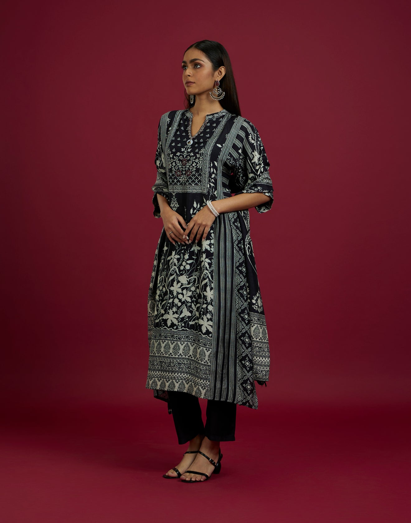 Jet Black Ethnic Printed Silk Kurta Set