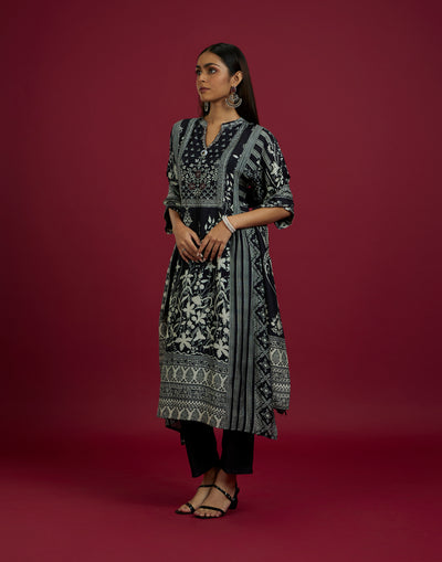 Jet Black Ethnic Printed Silk Kurta Set