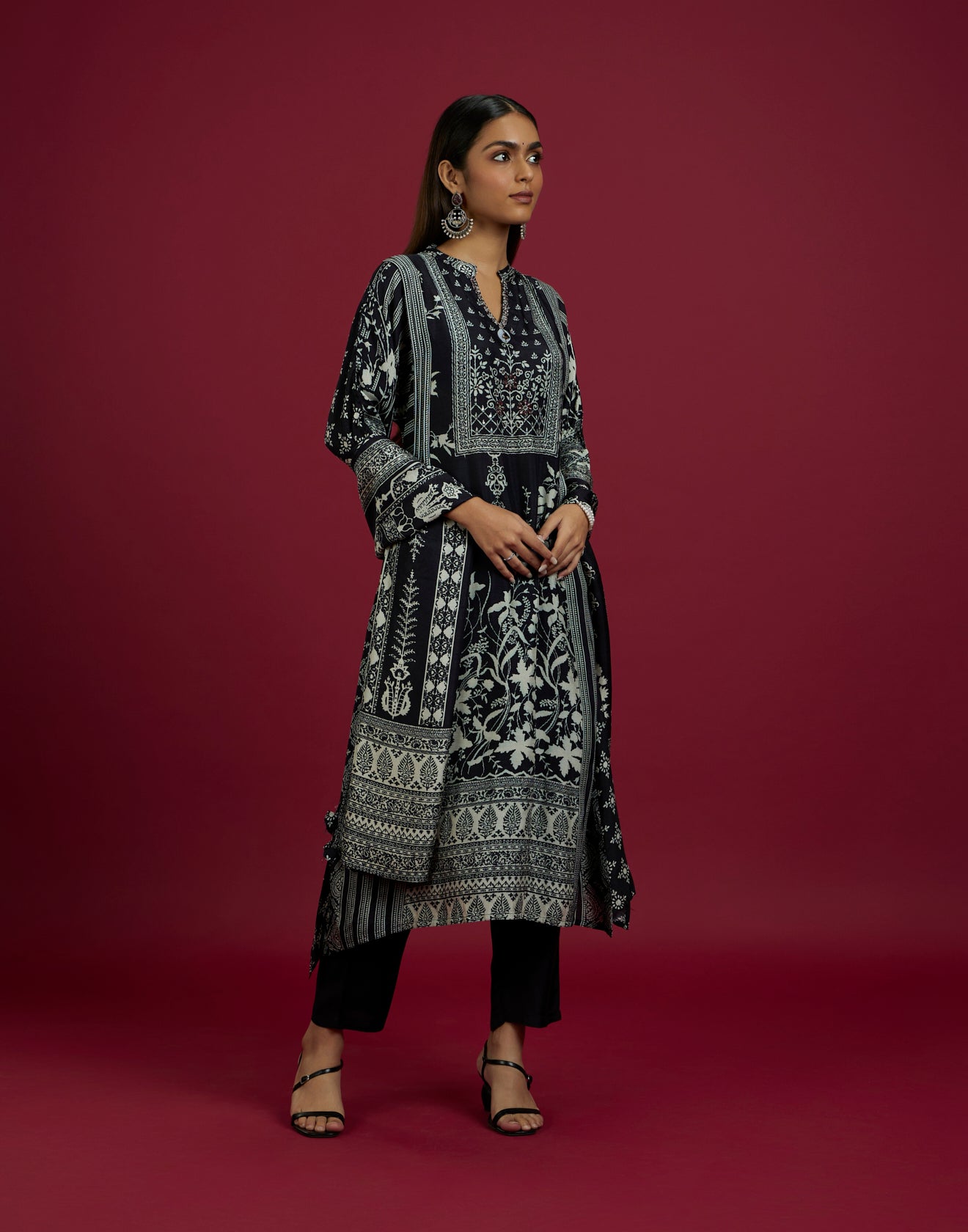 Jet Black Ethnic Printed Silk Kurta Set