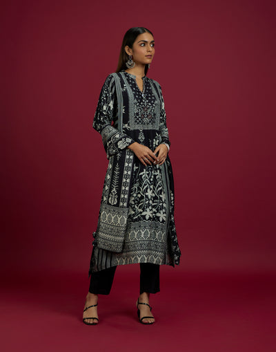 Jet Black Ethnic Printed Silk Kurta Set