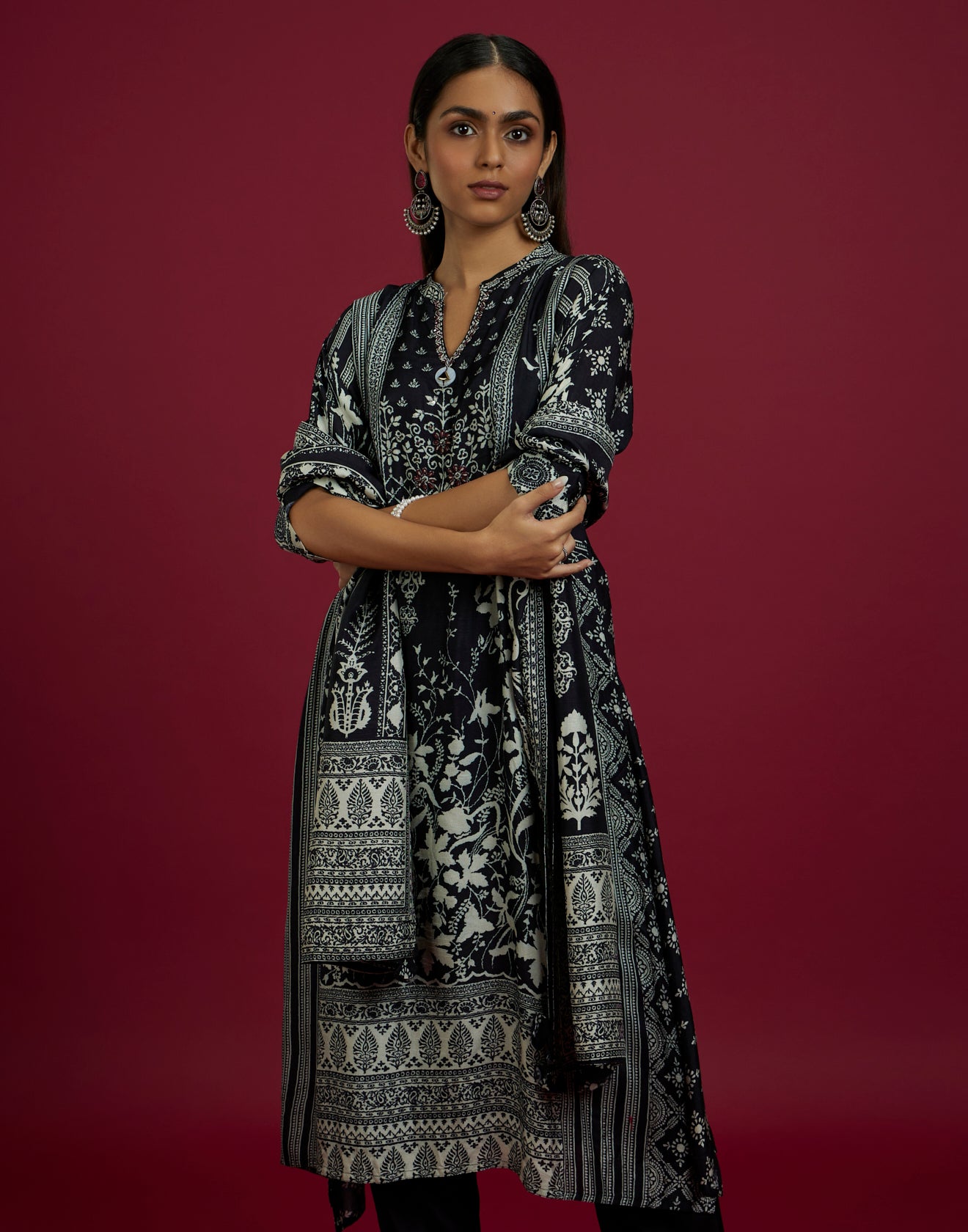 Jet Black Ethnic Printed Silk Kurta Set