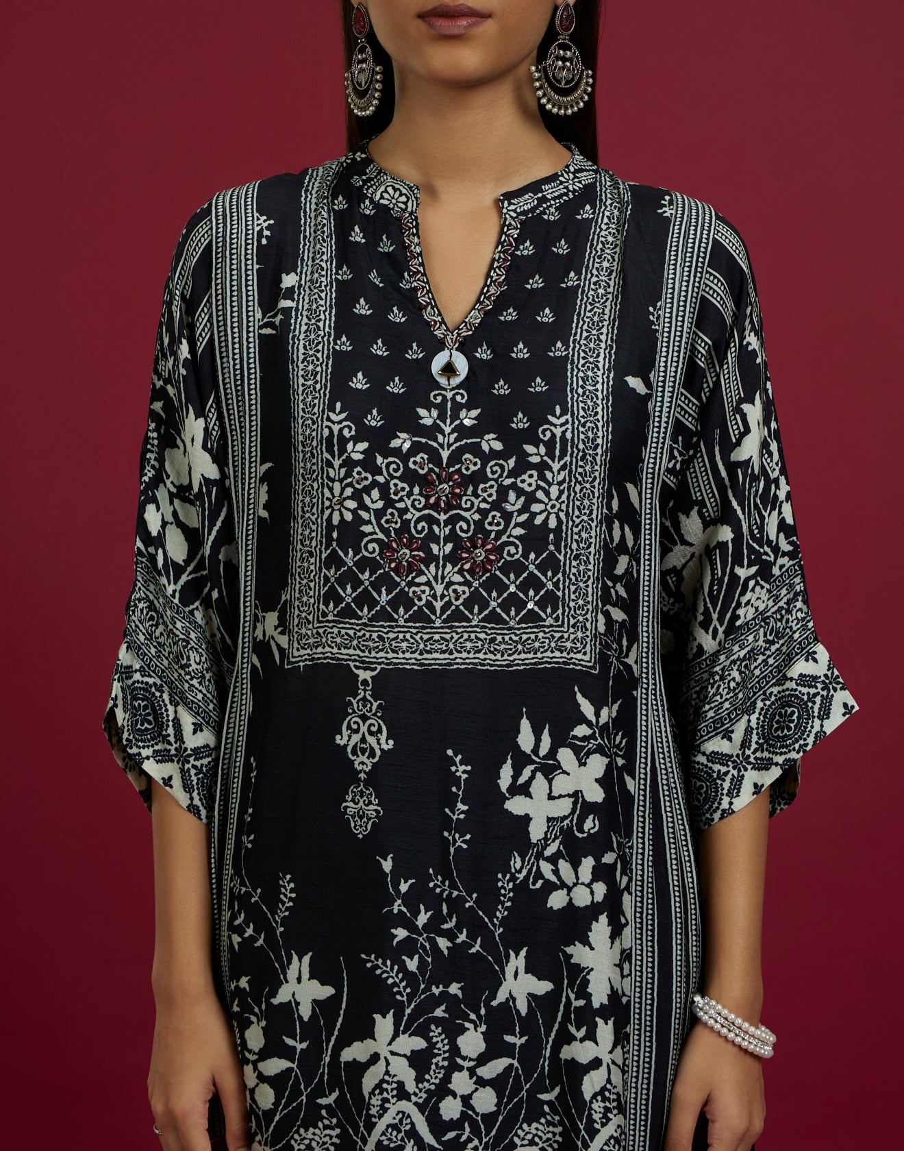 Jet Black Ethnic Printed Silk Kurta Set