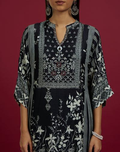 Jet Black Ethnic Printed Silk Kurta Set