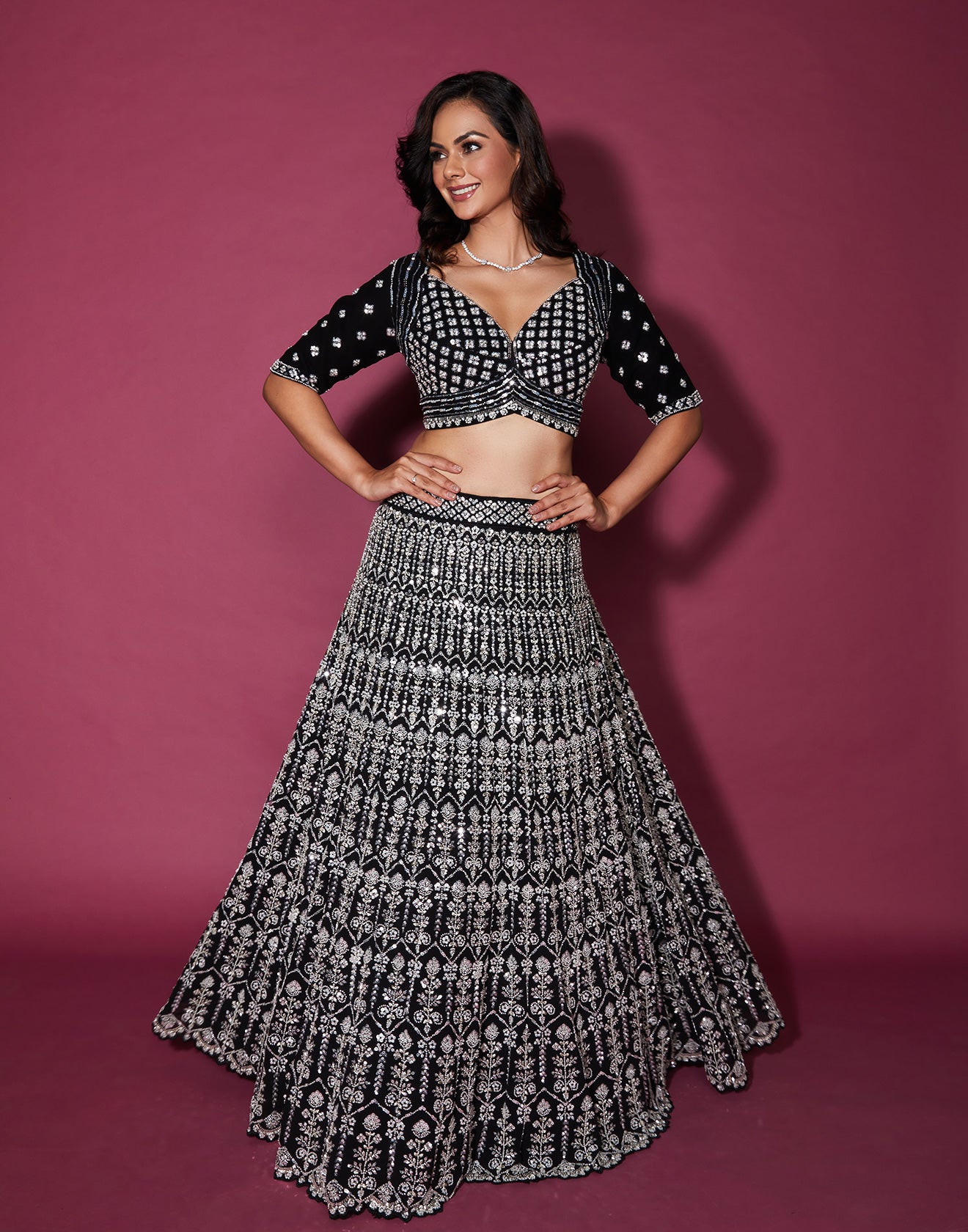 Jet Black Lehenga Set With Silver Embellishments