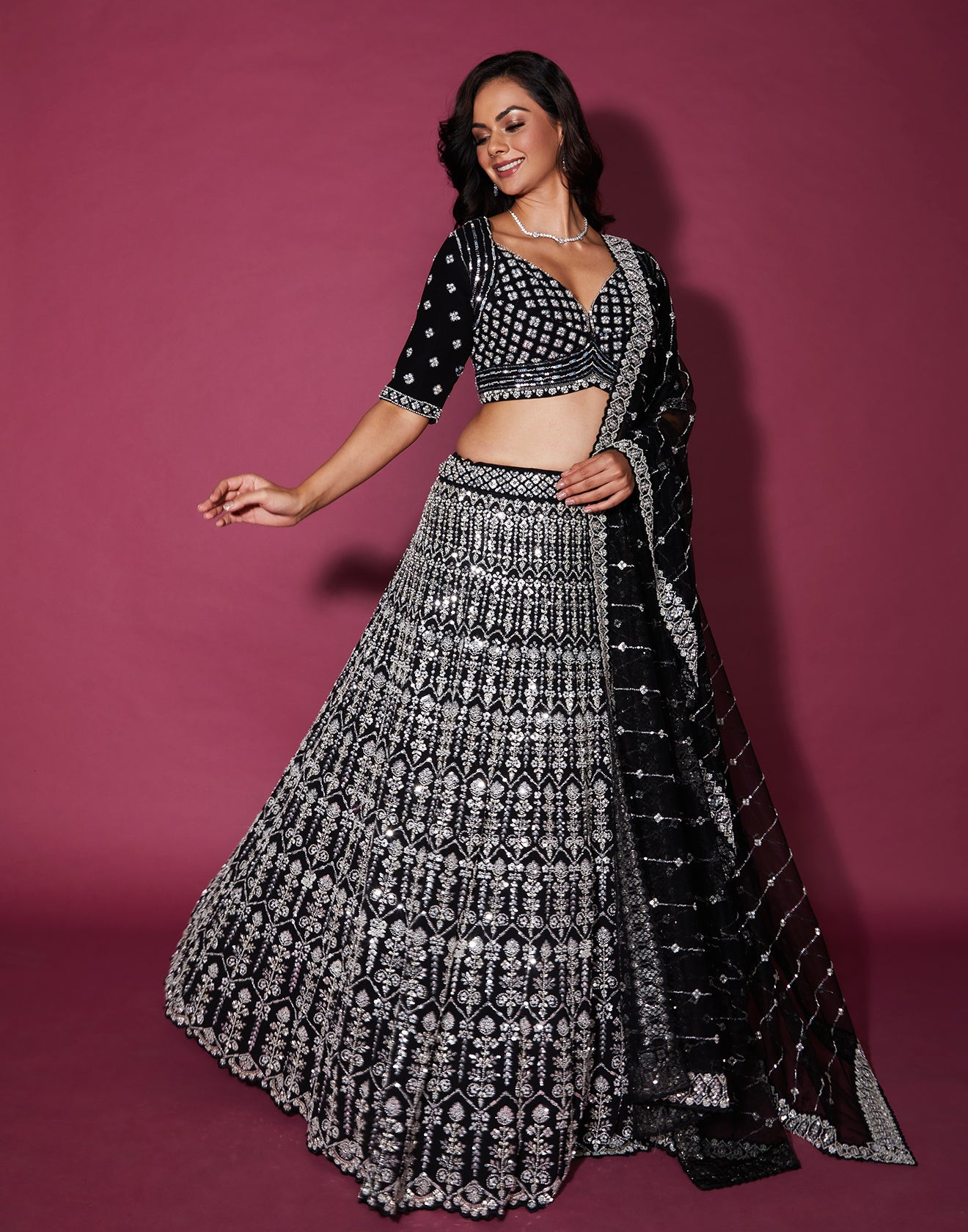 Jet Black Lehenga Set With Silver Embellishments