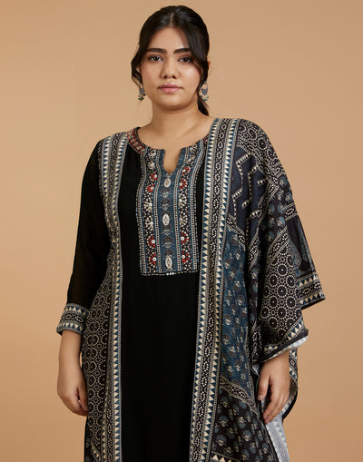 Jet Black With Turquoise Touch Printed Kurta Set