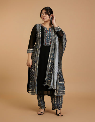 Jet Black With Turquoise Touch Printed Kurta Set