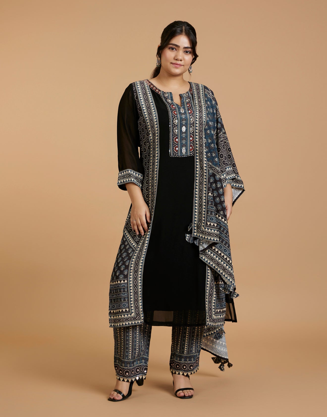 Jet Black With Turquoise Touch Printed Kurta Set