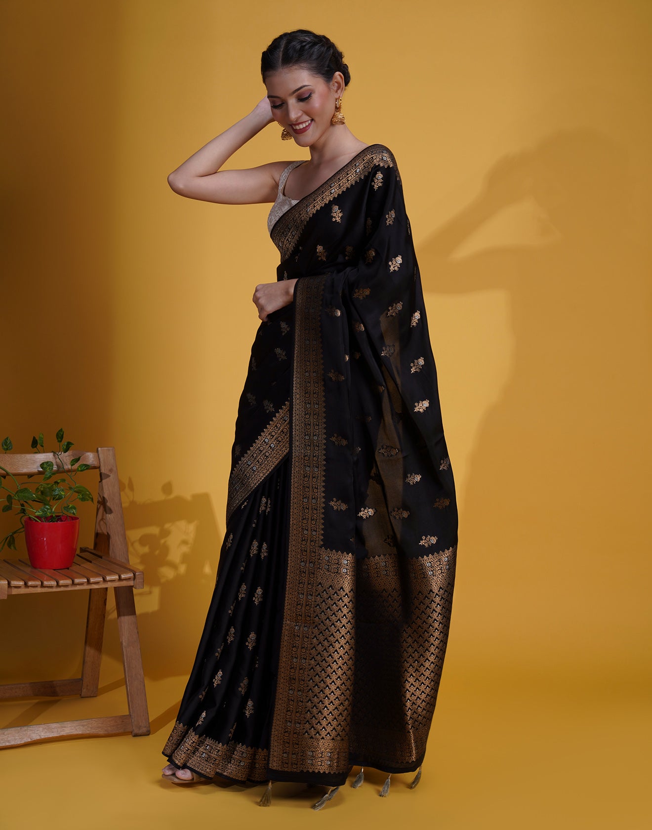 Jet Black With Antique Golden Weaving Silk Saree