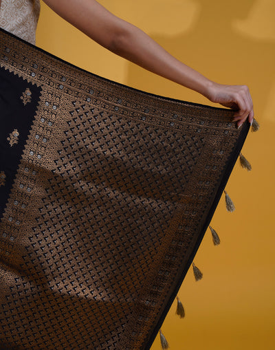 Jet Black With Antique Golden Weaving Silk Saree