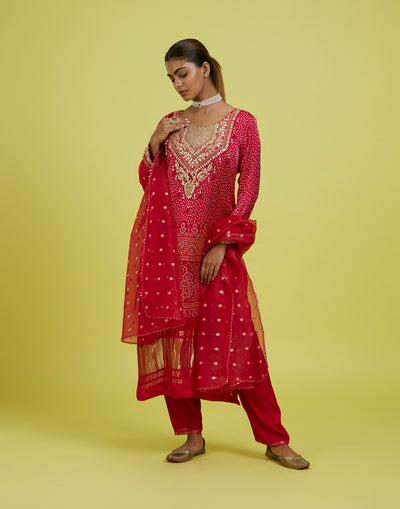 Laal Gulmohar Bandhej Printed Festive Kurta Set