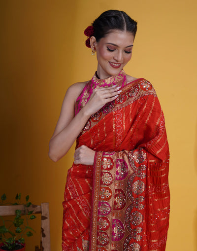 Laal Seher Bandhej With Mughal Border Silk Saree