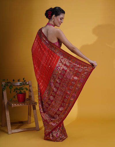 Laal Seher Bandhej With Mughal Border Silk Saree