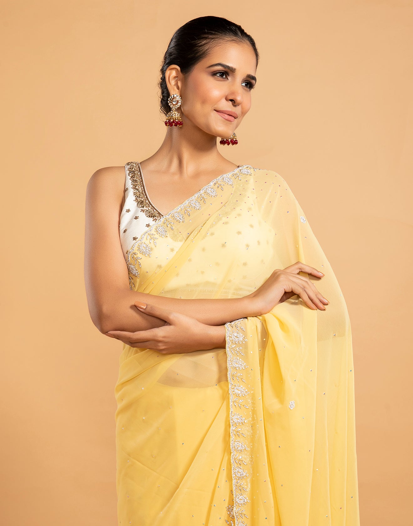 Lemon Yellow Embellished Saree In Georgette