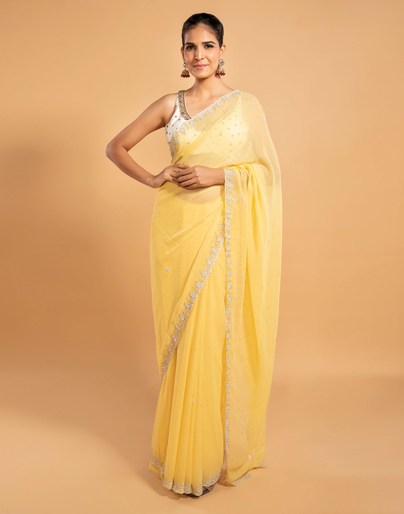 Lemon Yellow Embellished Saree In Georgette